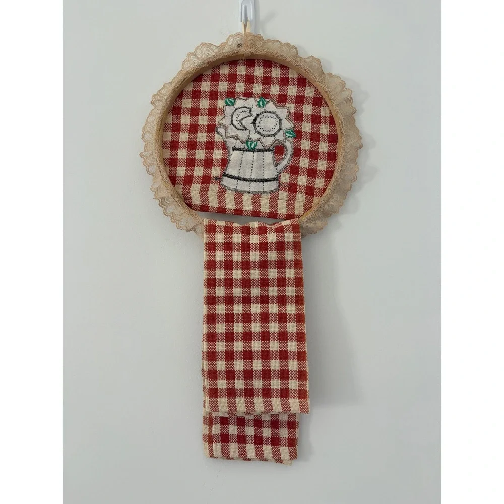 Handmade Sunflower Gingham Kitchen Towel Holder Set Orange Lace Trim Farmhouse